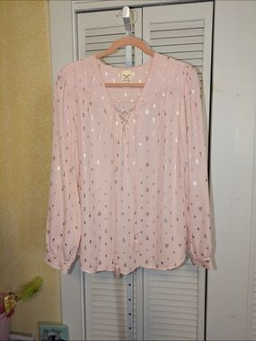 Faded Glory Rose Blush Boho Peasant Top - Gold Foil Print Lace-Up Size L (12-14)